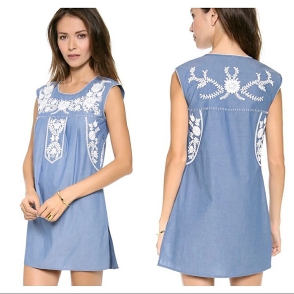 Tory Burch Sz XS Embroidered Chambray Tunic Calita Mini Shift Dress Scallop - Picture 1 of 12